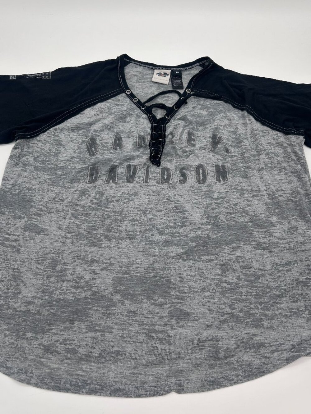 Harley-Davidson Womens Raglan Rockstar Gray Soft Faded Lace Up Detail Size 2X